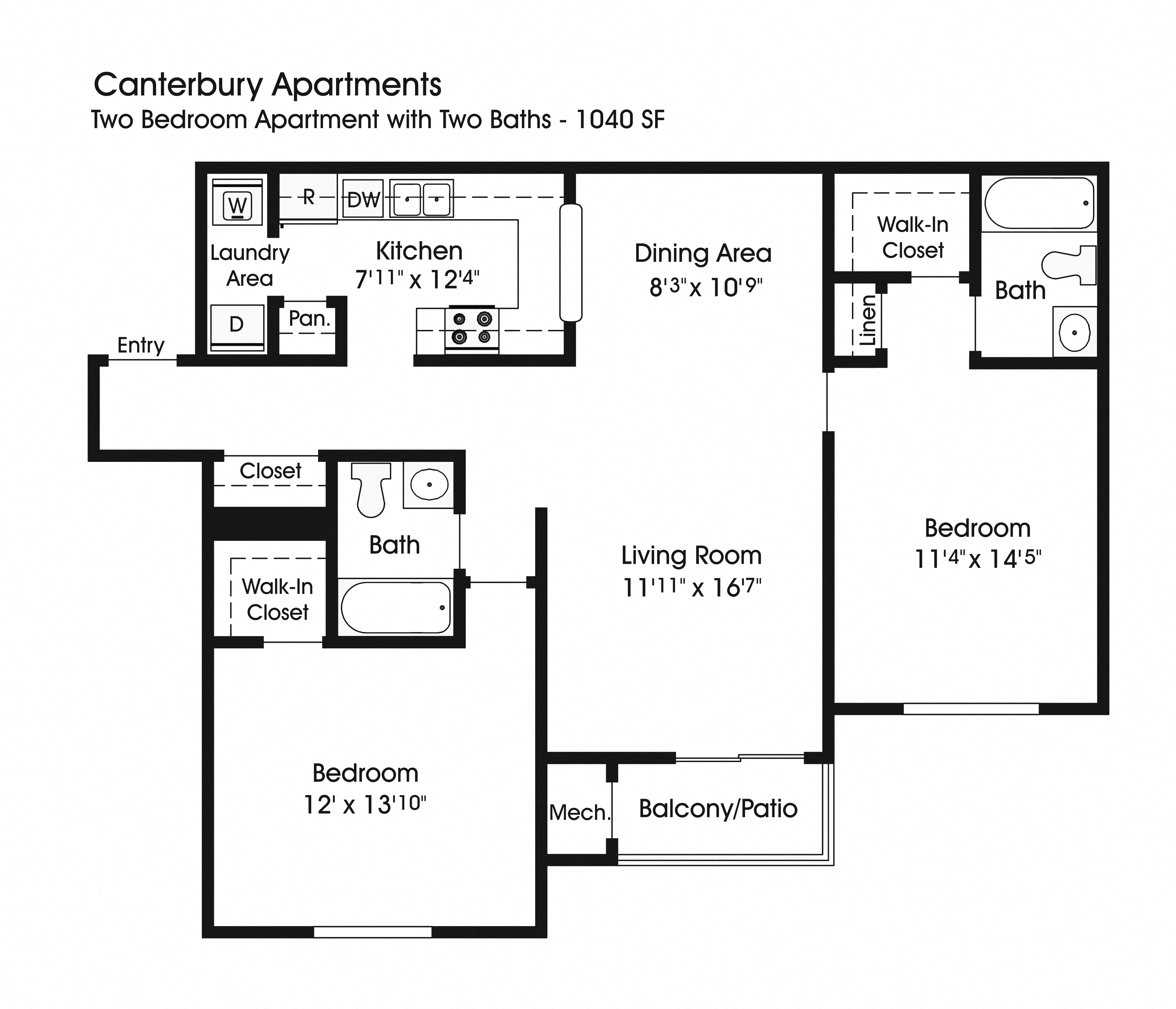 Floor plan for 2 beds, 2 baths, 1040 sqft